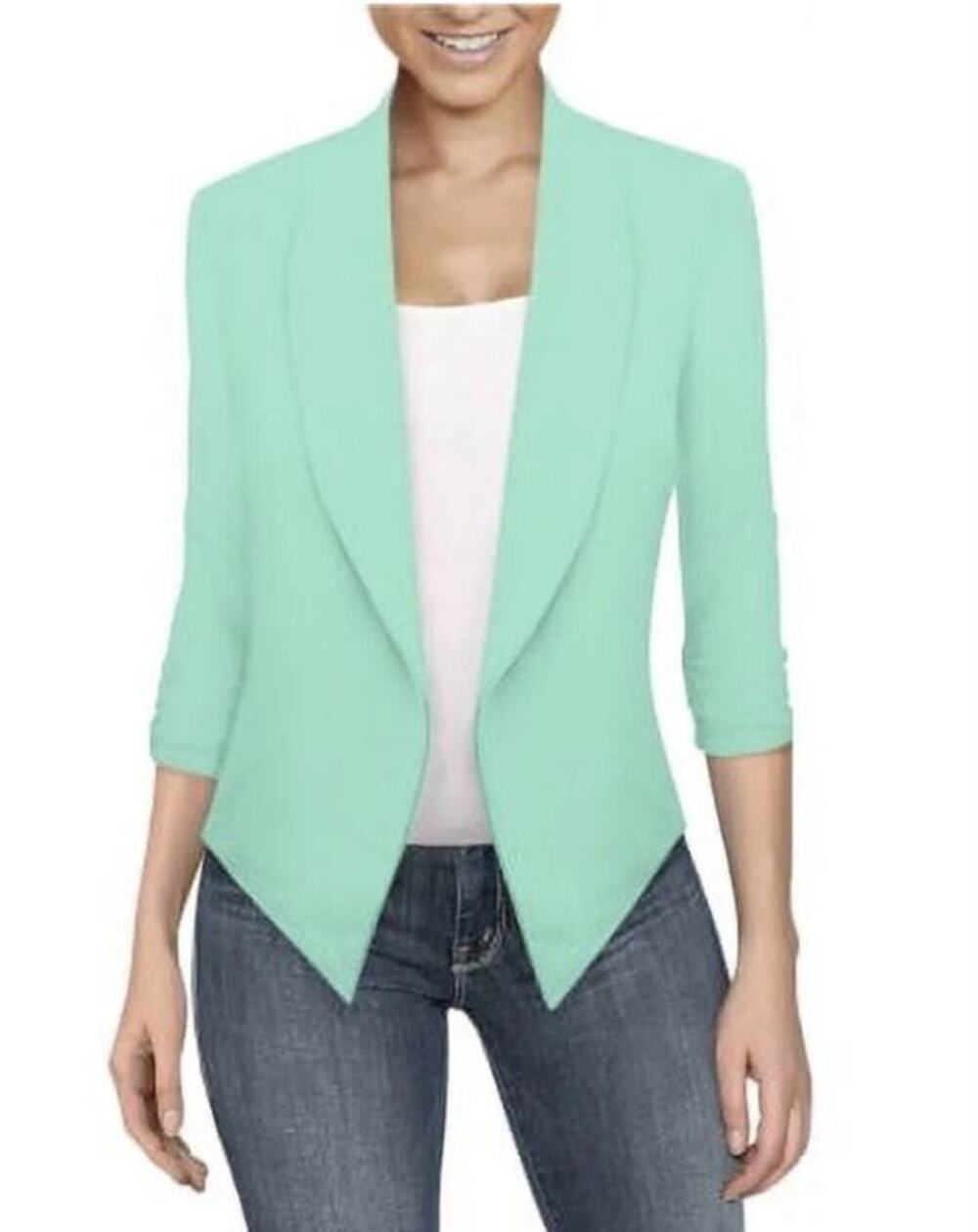Hybrid & Company Blazer Womens Small Mint Open Front Scrunch Sleeve Jacket NWT